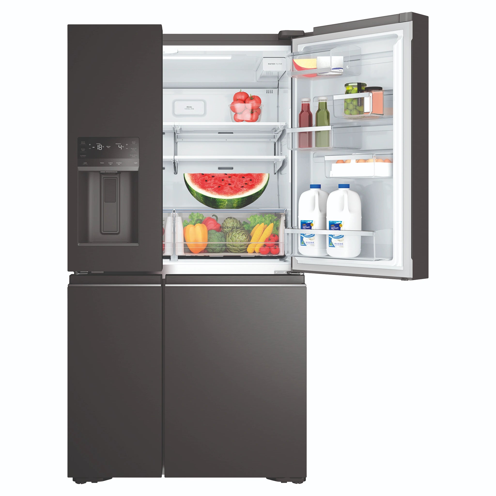 Westinghouse 609L Black Quad Door Refrigerator with In-Door Ice Dispenser WQE6170BB, Front View With Upper Right Door Open View With Storages