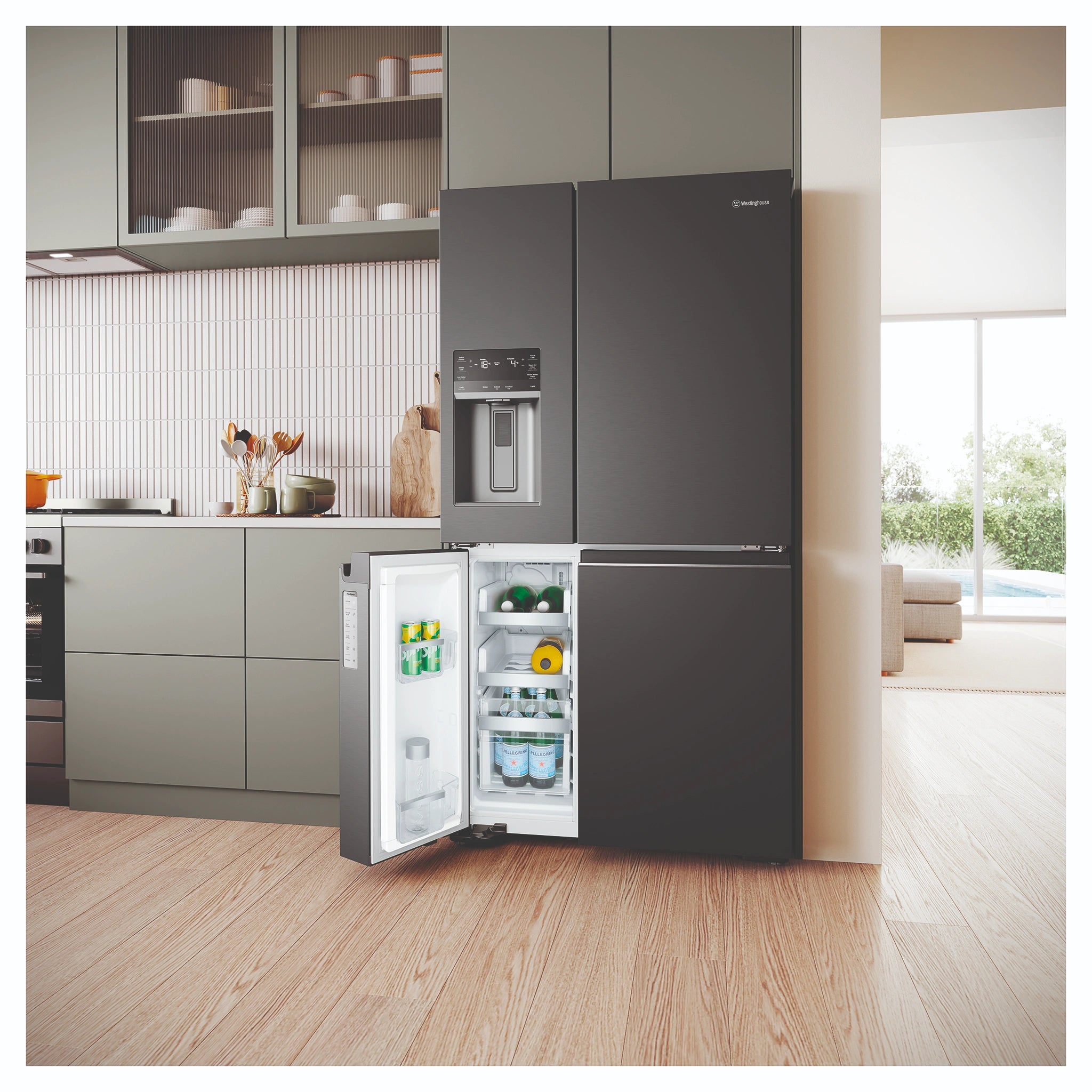 Westinghouse 609L Black Quad Door Refrigerator with In-Door Ice Dispenser WQE6170BB, Lifestyle View 2
