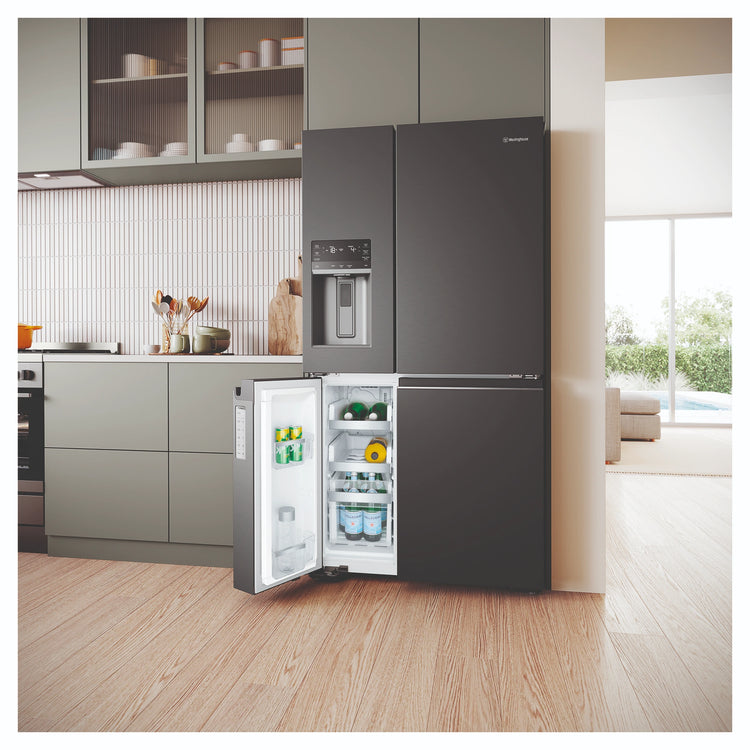 Westinghouse 609L Black Quad Door Refrigerator with In-Door Ice Dispenser WQE6170BB, Lifestyle View 2