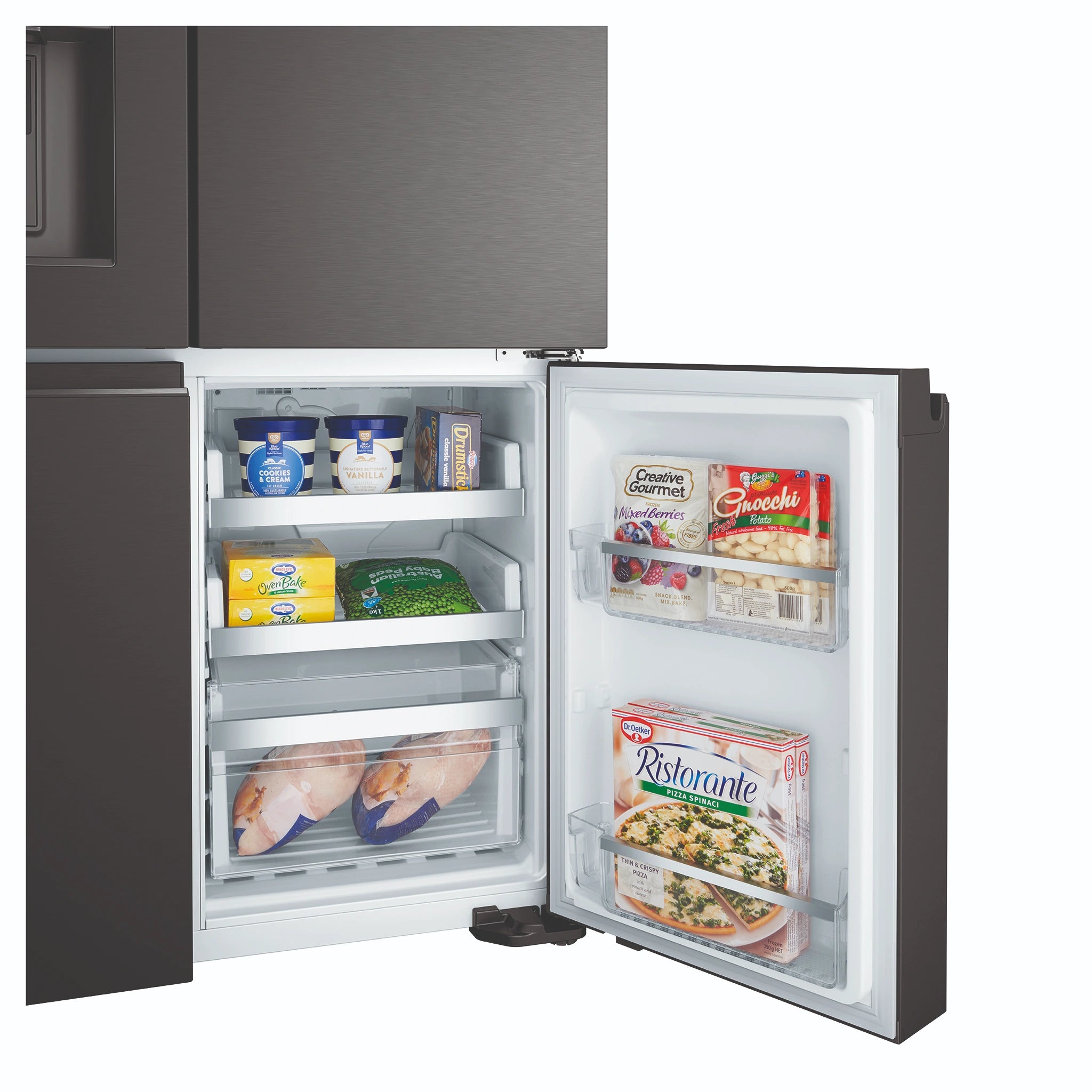 Westinghouse 609L Black Quad Door Refrigerator with In-Door Ice Dispenser WQE6170BB, Lower Right Side View With Storages