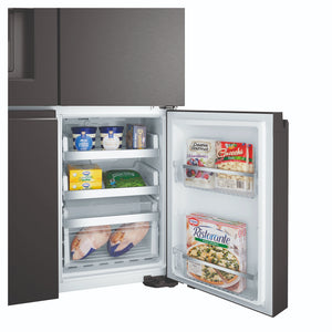 Westinghouse 609L Black Quad Door Refrigerator with In-Door Ice Dispenser WQE6170BB, Lower Right Side View With Storages