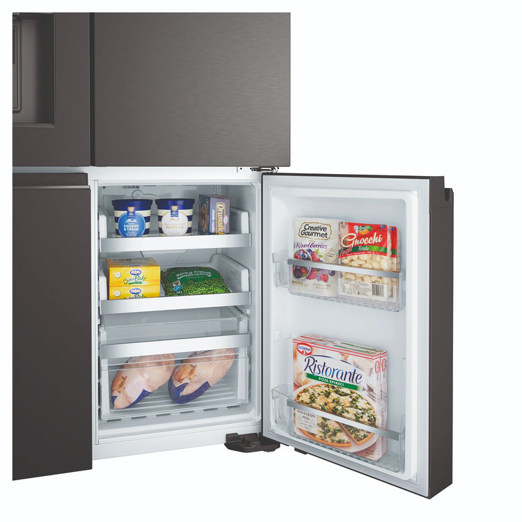Westinghouse 609L Black Quad Door Refrigerator with In-Door Ice Dispenser WQE6170BB, Lower Right Side View With Storages