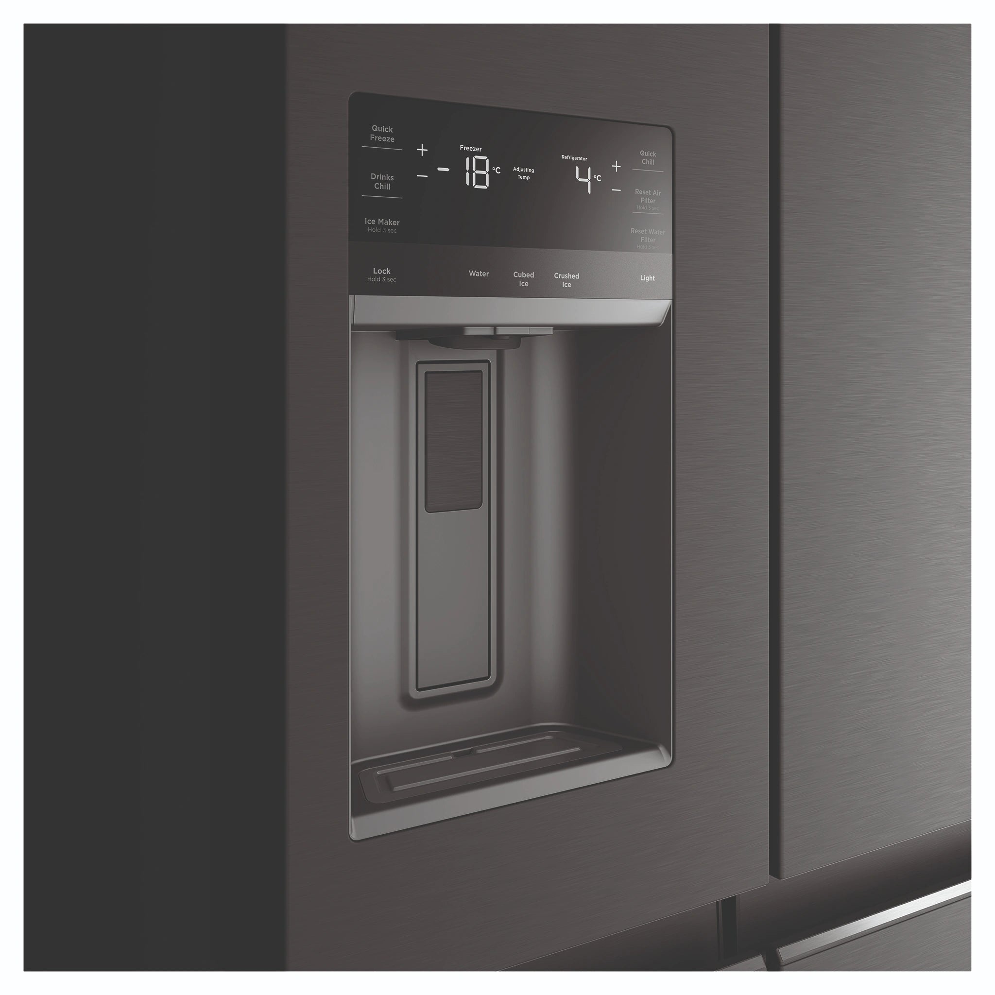 Westinghouse 609L Black Quad Door Refrigerator with In-Door Ice Dispenser WQE6170BB, Water Dispenser View