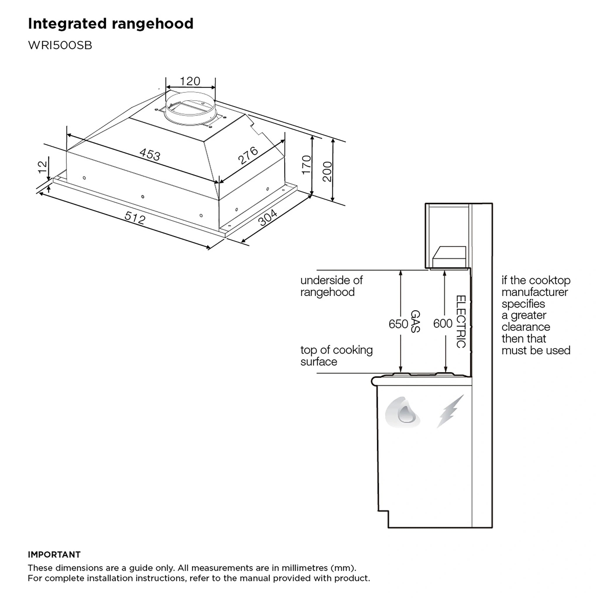 Westinghouse 51cm Stainless Steel Integrated Rangehood (340m³/h) WRI500SB, Dimension View