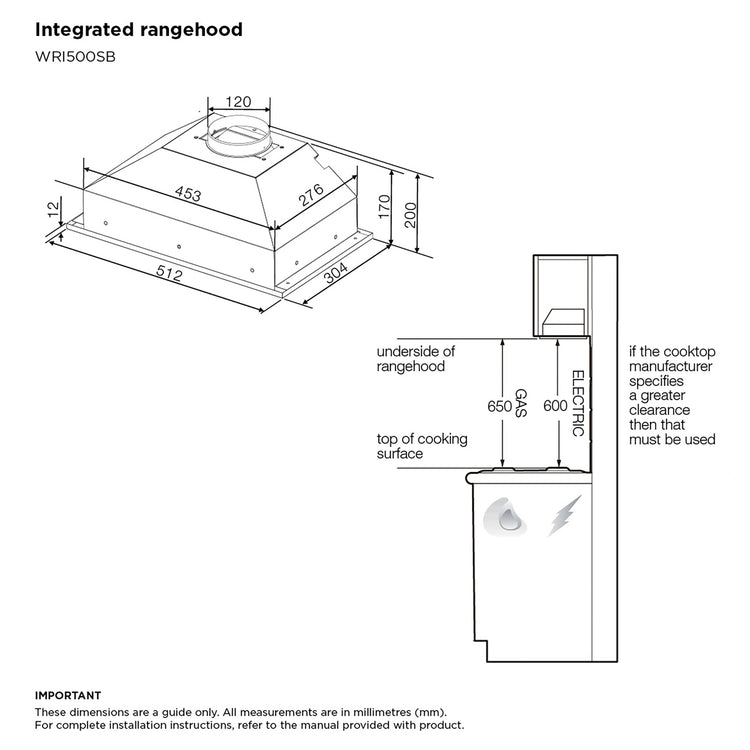 Westinghouse 51cm Stainless Steel Integrated Rangehood (340m³/h) WRI500SB, Dimension View