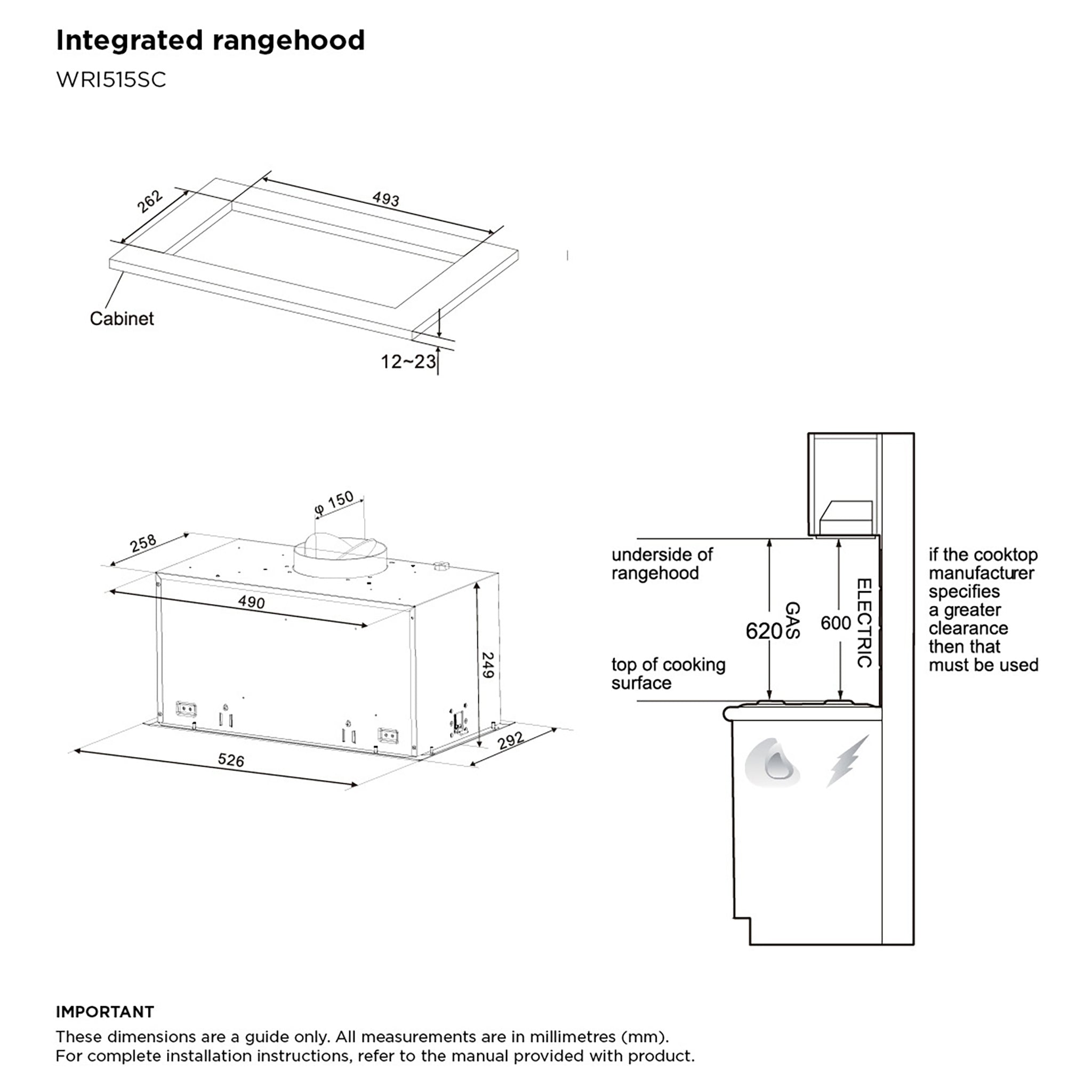 Westinghouse 52cm Stainless Steel Integrated Rangehood (680m³/h) WRI515SC, Dimension View