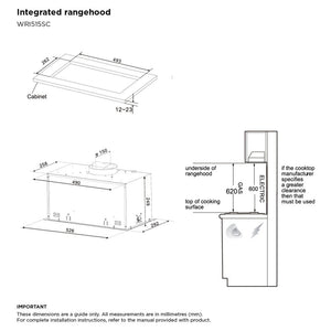 Westinghouse 52cm Stainless Steel Integrated Rangehood (680m³/h) WRI515SC, Dimension View