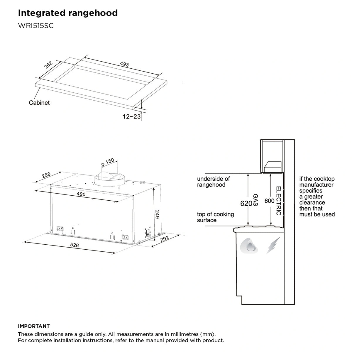 Westinghouse 52cm Stainless Steel Integrated Rangehood (680m³/h) WRI515SC, Dimension View
