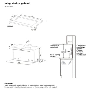 Westinghouse 52cm Stainless Steel Integrated Rangehood (680m³/h) WRI515SC, Dimension View