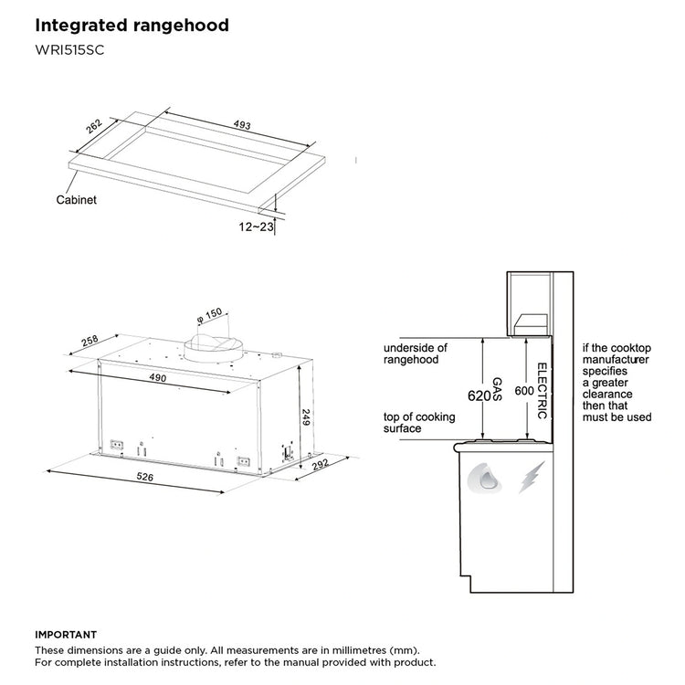 Westinghouse 52cm Stainless Steel Integrated Rangehood (680m³/h) WRI515SC, Dimension View