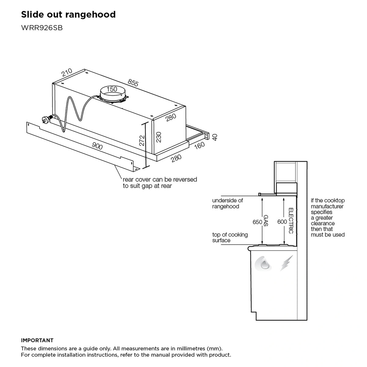 Westinghouse 90cm Stainless Steel Slideout Trimmed Rangehood WRR926SB, Dimension View