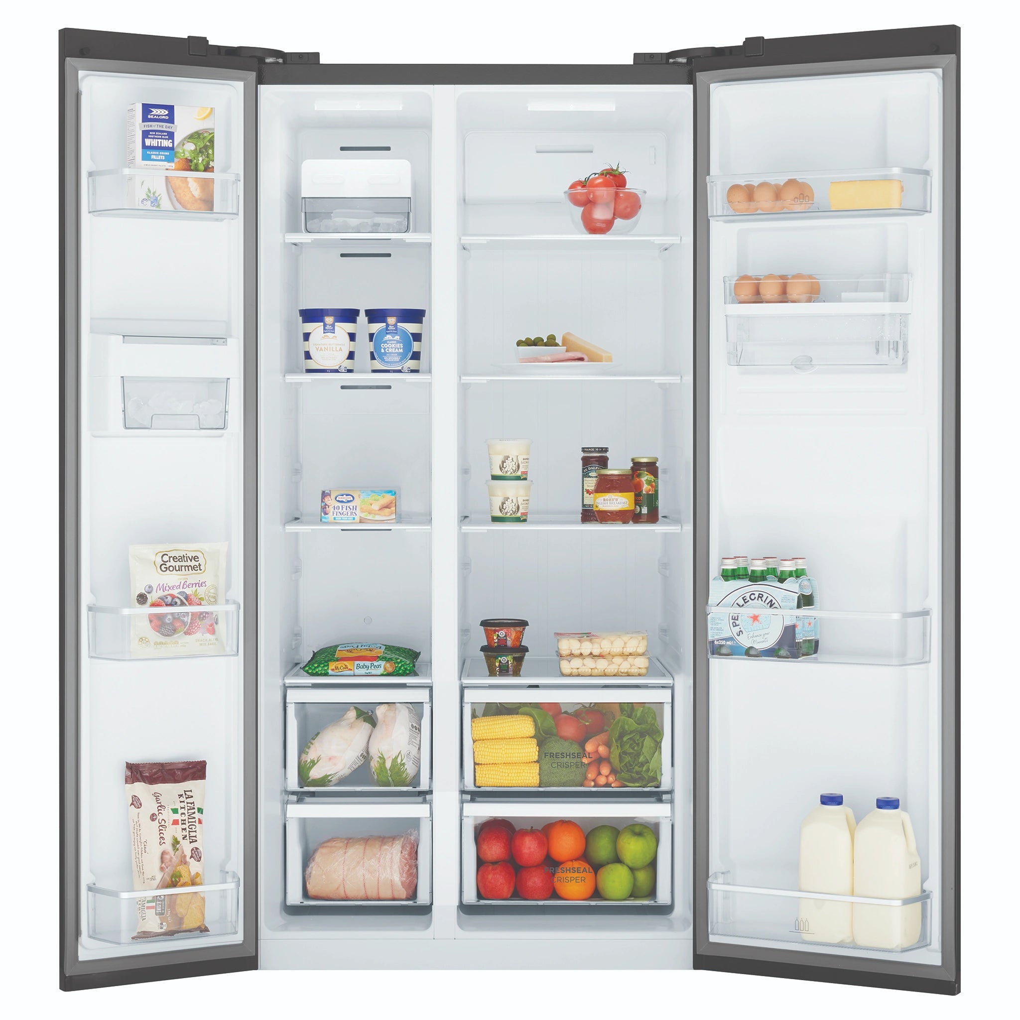 Westinghouse 619L Side-By-Side Fridge WSE6640BA, Front Double Door Open View Storages