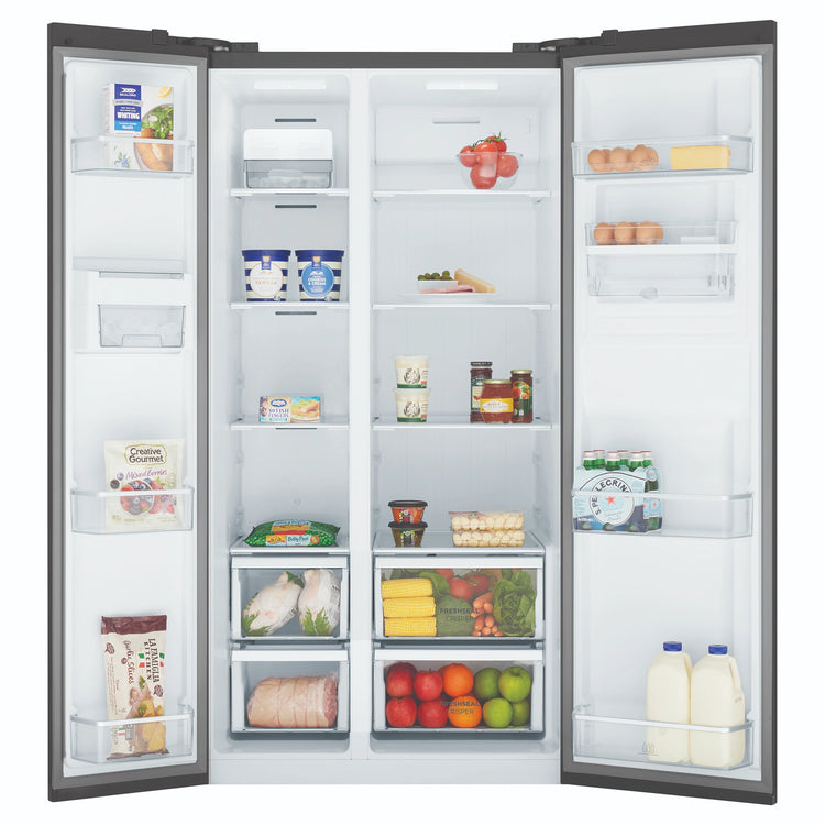 Westinghouse 619L Side-By-Side Fridge WSE6640BA, Front Double Door Open View Storages