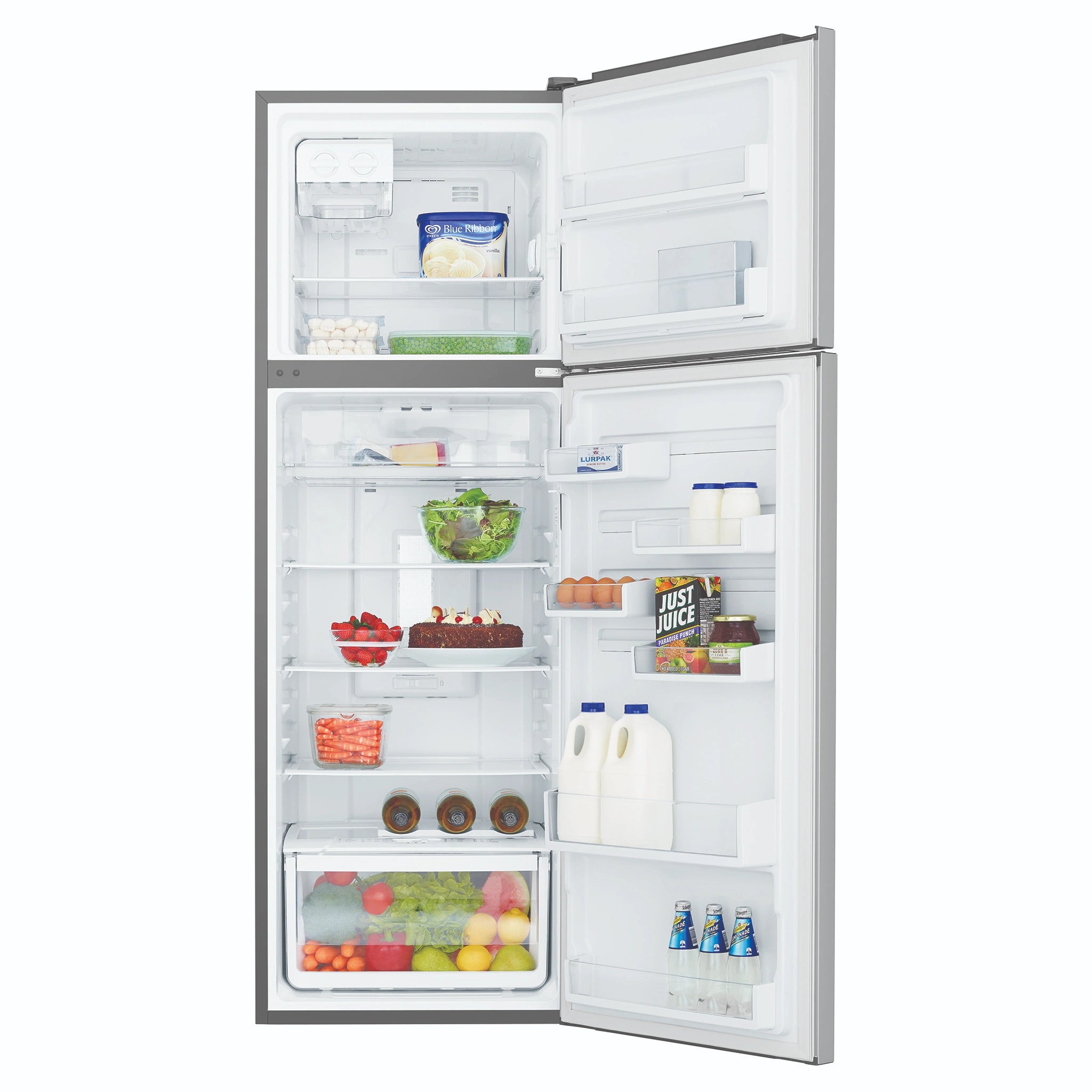 Westinghouse 350L Top Freezer Refrigerator WTB3700AHX, Front View With Door Open Storages