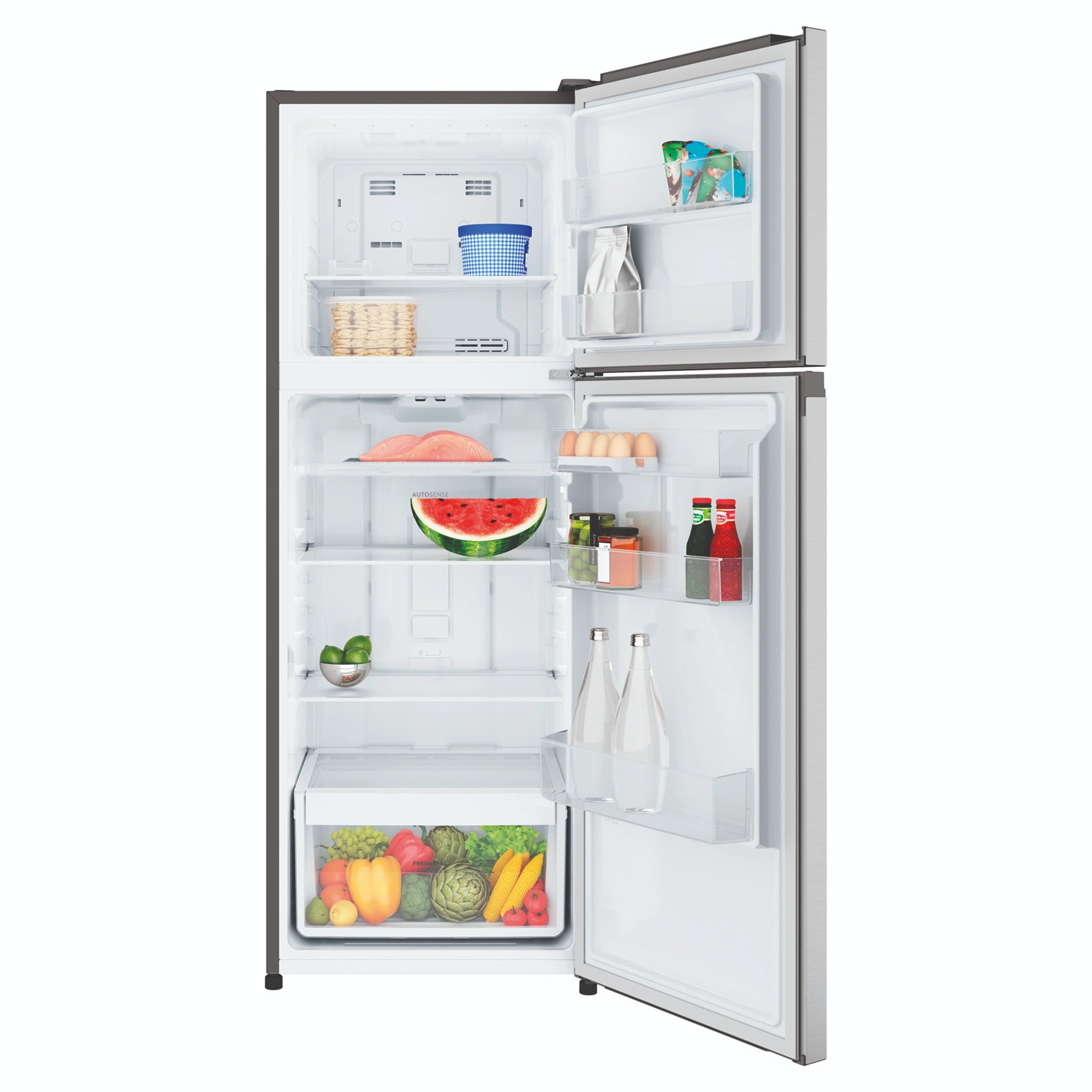Westinghouse 312L Top Mount Fridge - Silver WTM3100SLX, Front View With Door Open Storages
