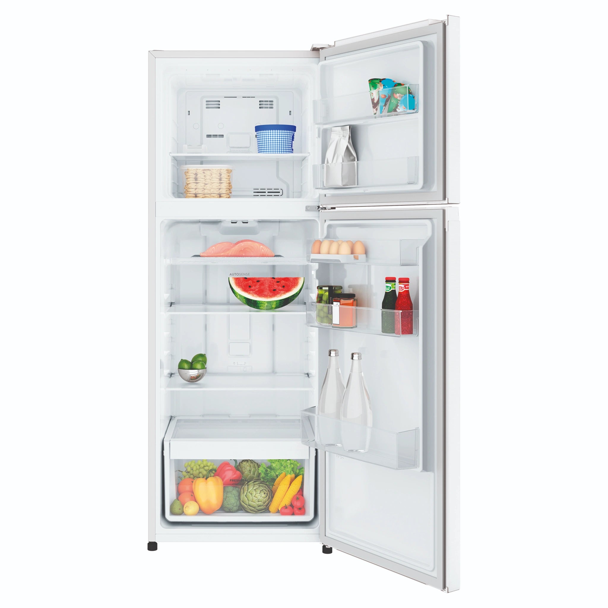 Westinghouse 341L Top Mount Fridge - White WTM3400WLX, Front View With Door Open Storages