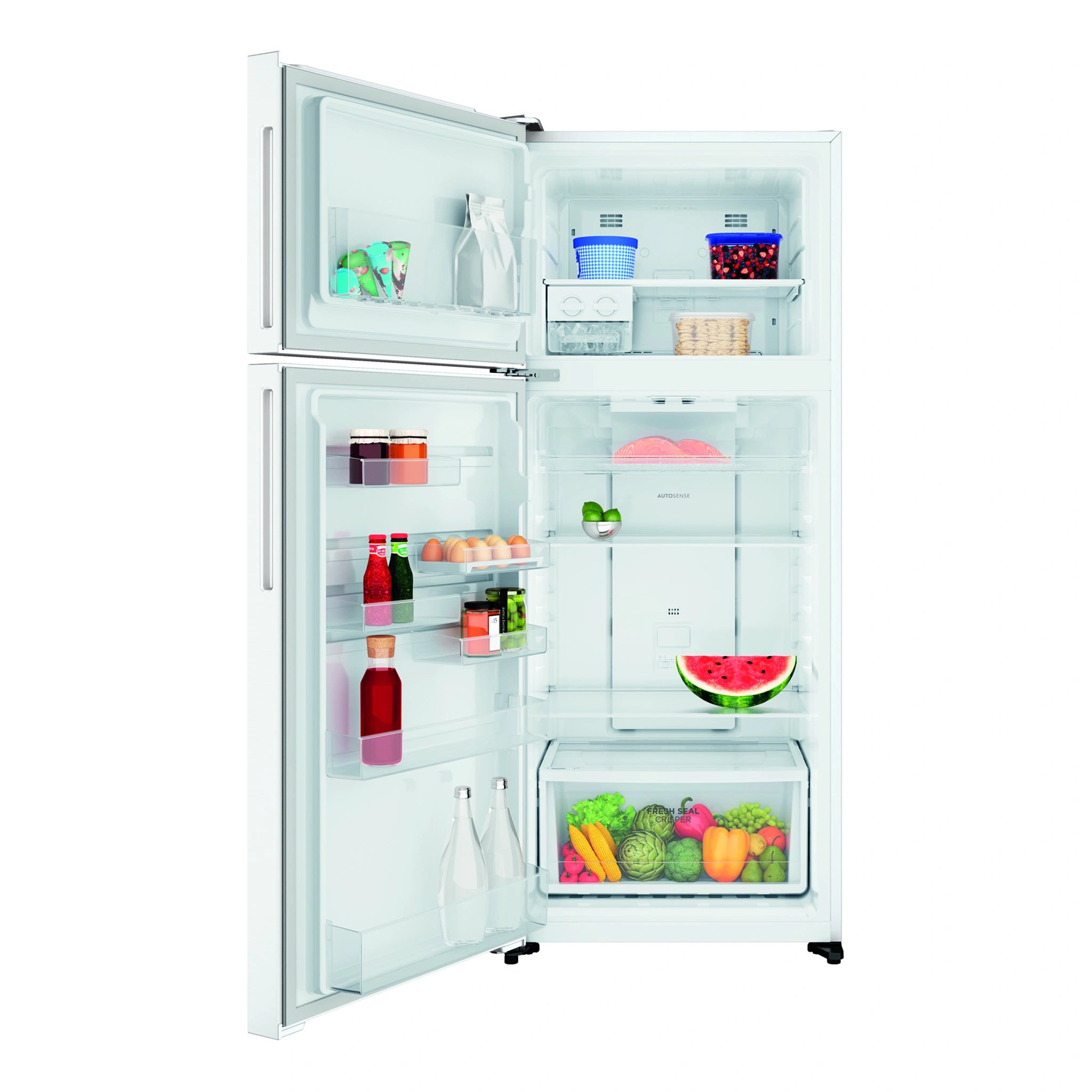 Westinghouse 431L Top Freezer Fridge - White WTM4302WDL, Front View With Door Open Storages