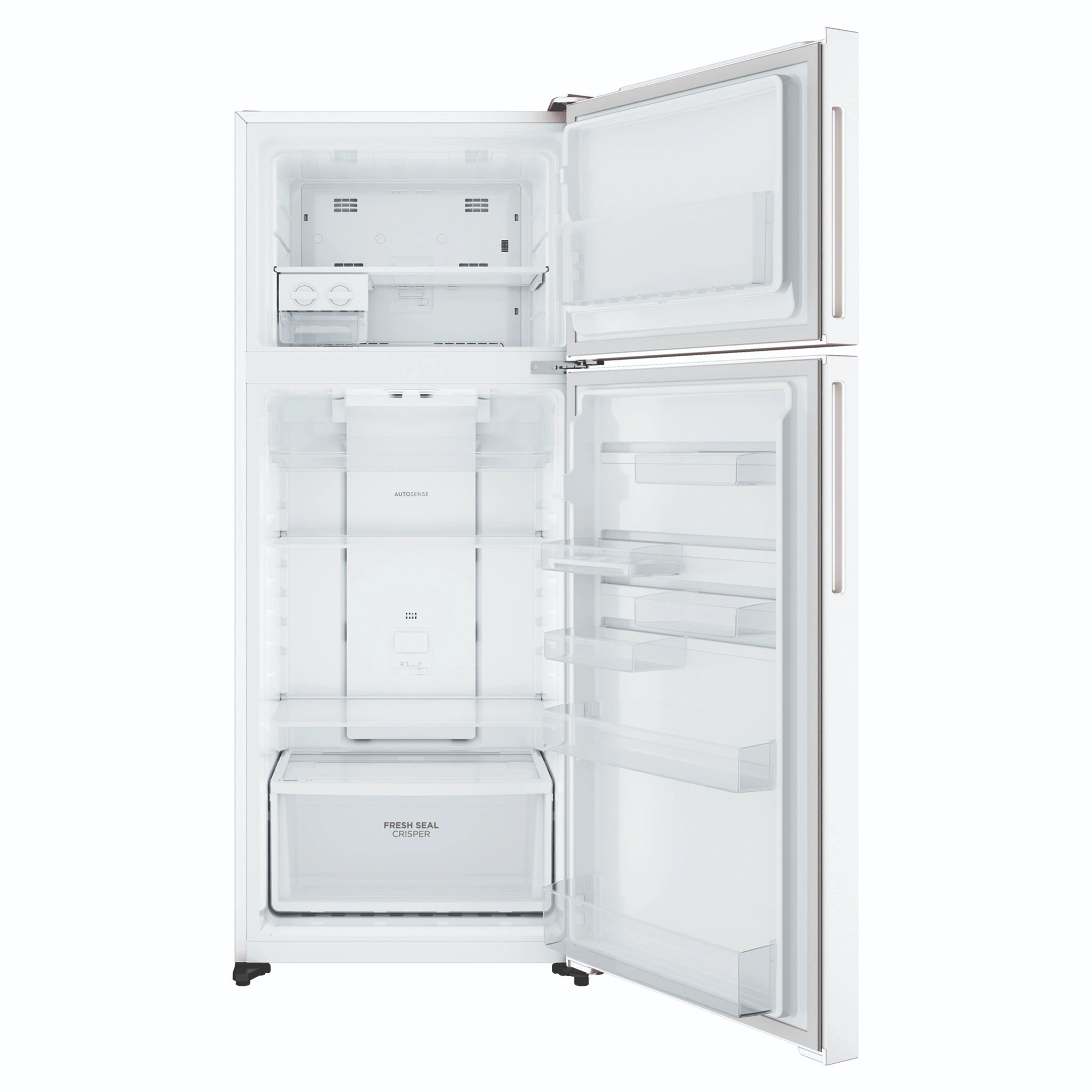 Westinghouse 431L Top Mount Fridge, White WTM4302WDR, Front View With Door Open
