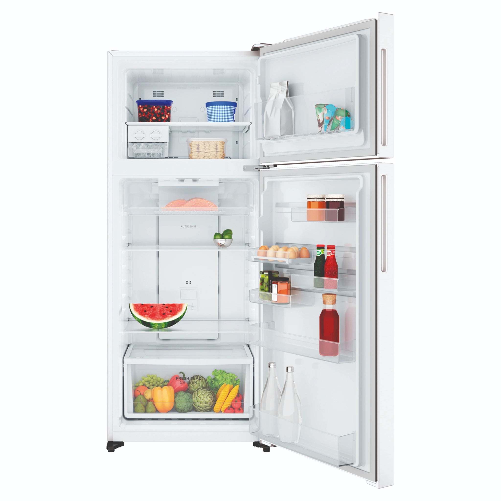 Westinghouse 431L Top Mount Fridge, White WTM4302WDR, Front View With Door Open Storages
