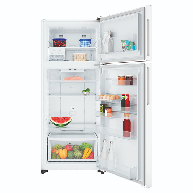 Westinghouse 431L Top Mount Fridge, White WTM4302WDR, Front View With Door Open Storages
