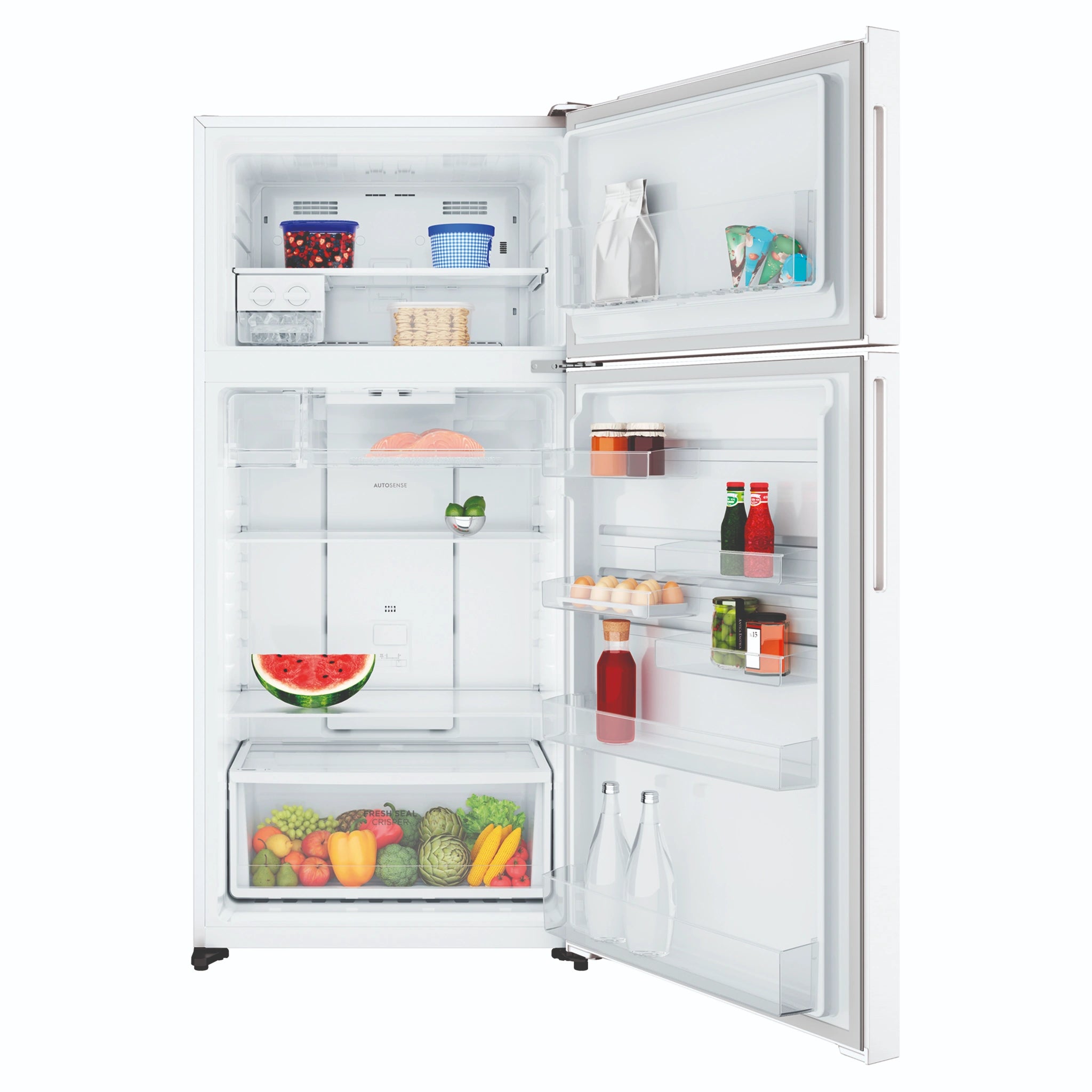Westinghouse 503L Top Mount Fridge - White WTM5002WDR, Front View With Door Open Storages