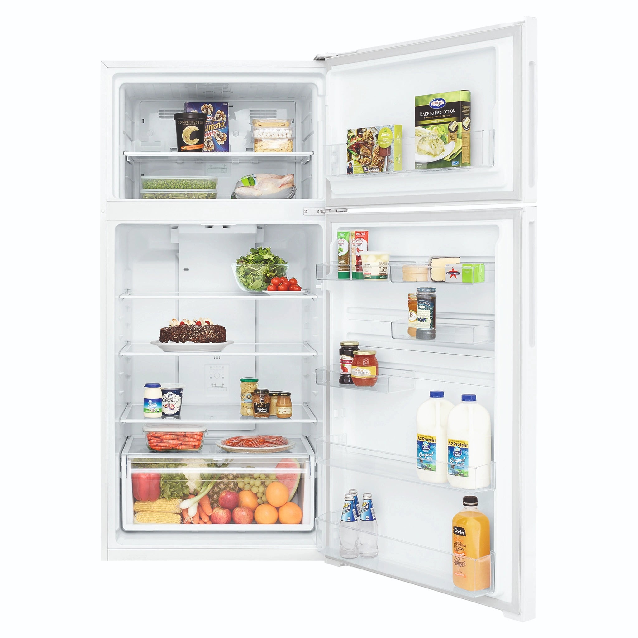 Westinghouse 503L Top Mount Fridge, White WTM5002WER, Front View With Door Open Storages