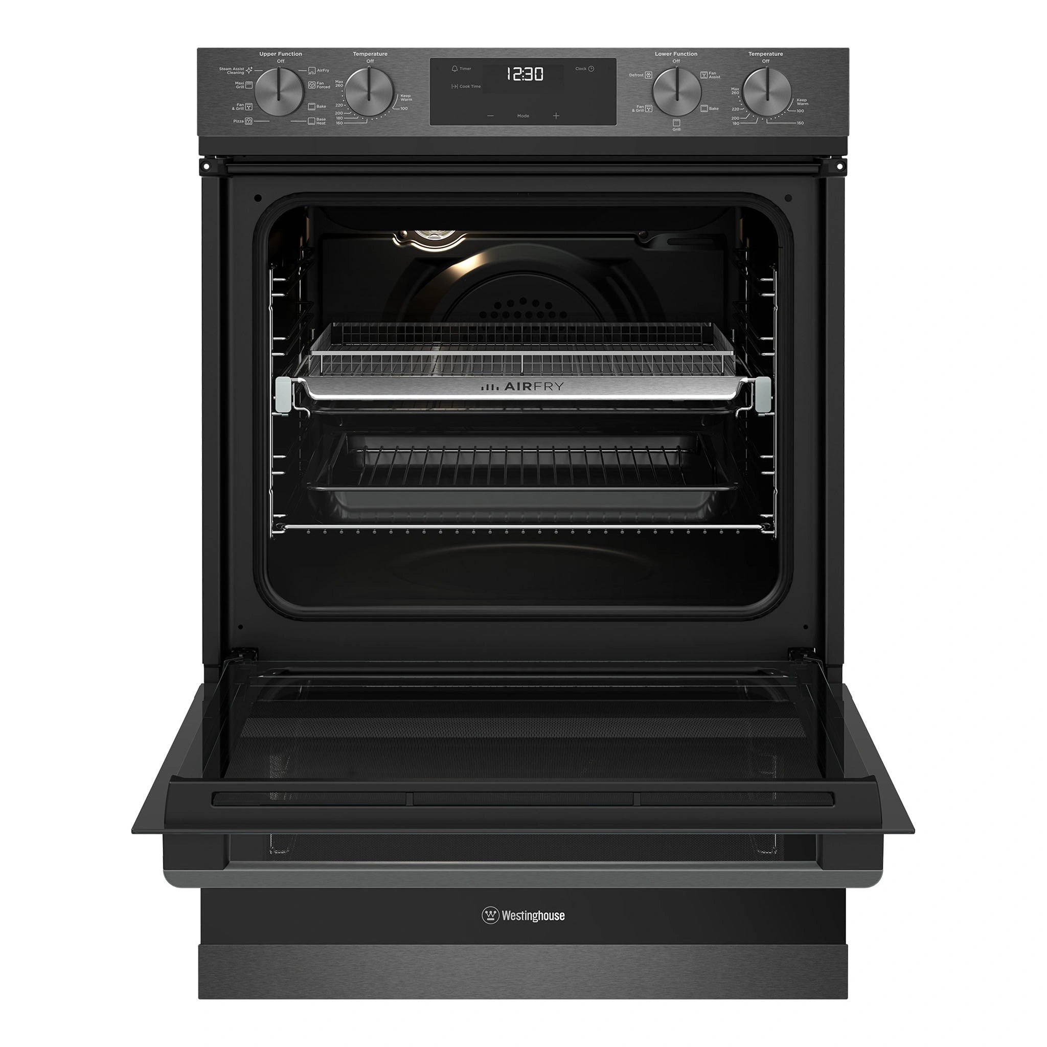 Westinghouse 60cm Multi-Function Double Oven Dark Stainless Steel WVE6526DD, Front View with Door Open