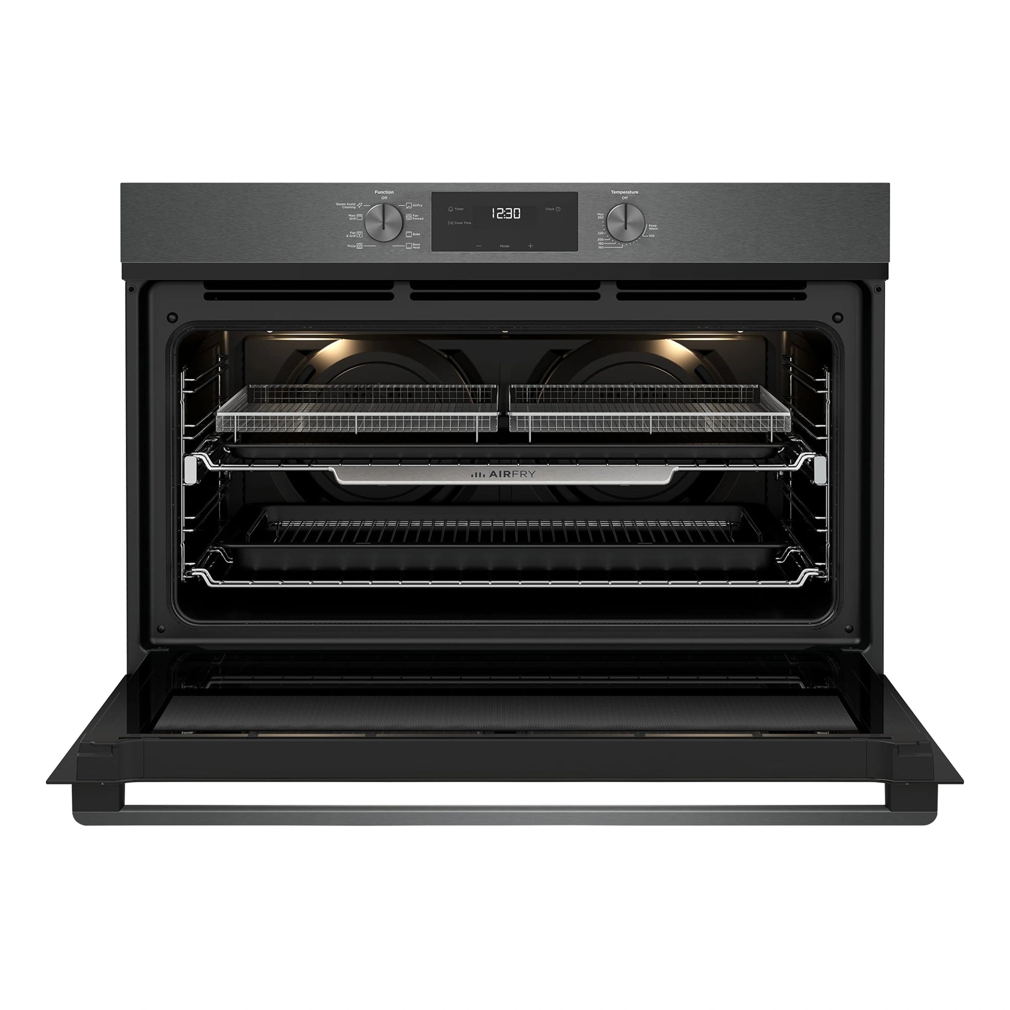 Westinghouse 90cm Multi-Function Oven with Air Fry Dark Stainless Steel WVE9516DD, Front View With Door Open