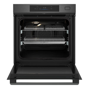 Westinghouse 60cm Multi-Function Pyrolytic Oven with Air Fry and Steam Roast, Dark Stainless Steel WVEP6918DD, Front View With Door Open