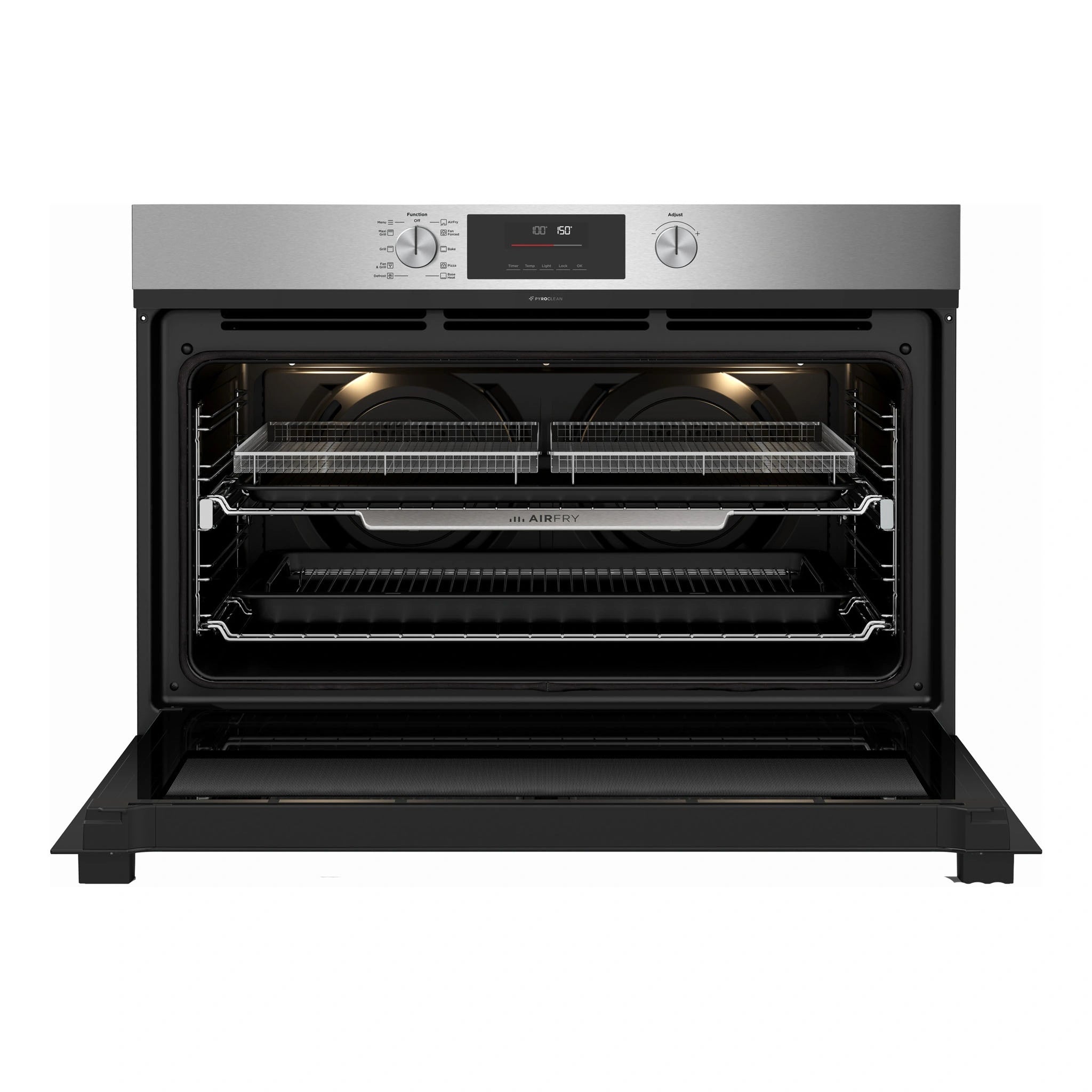 Westinghouse 90cm Multi-Function Pyrolytic Oven with AirFry Stainless Steel WVEP9716SD, Front View with Door Open