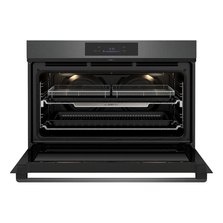 Westinghouse 90cm Multi-Function Pyrolytic Oven and Steam Bake Dark Stainless Steel WVEP9917DD, Front View wit Door Open