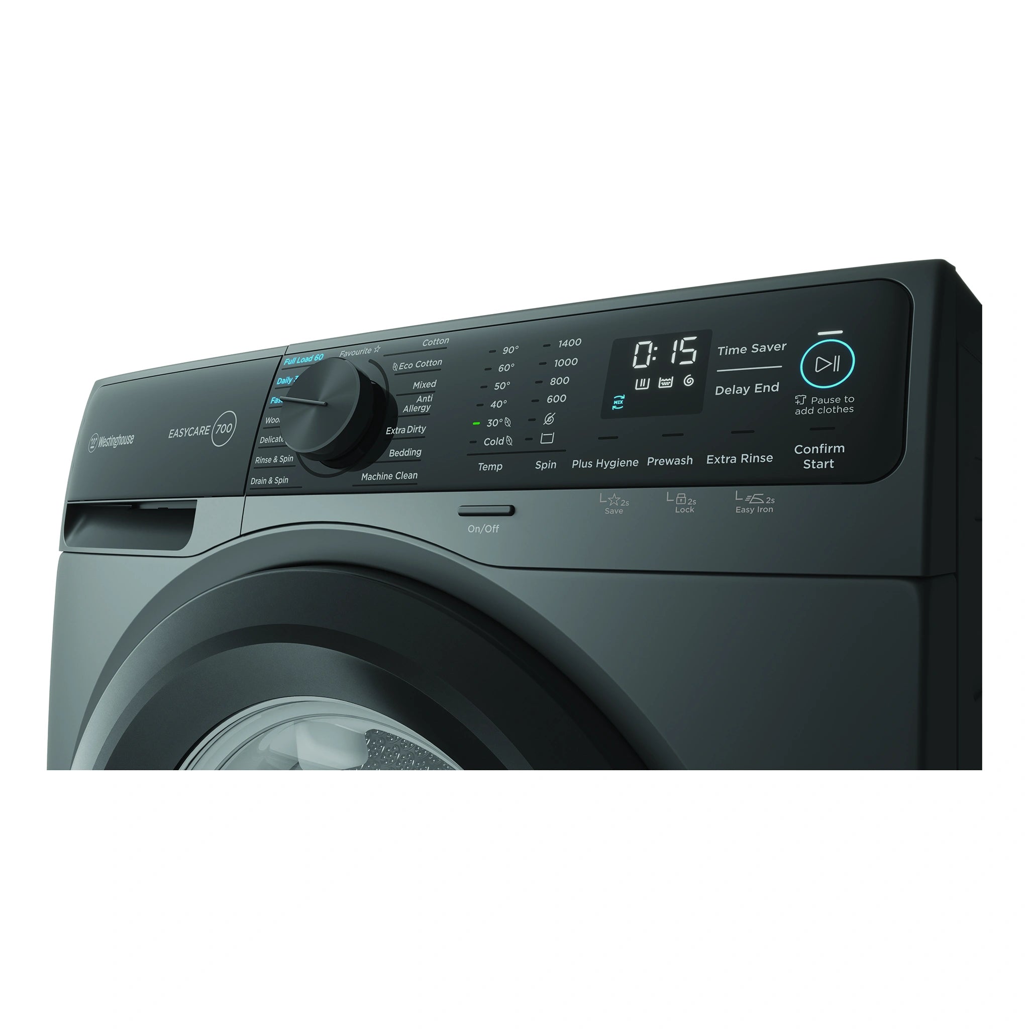 Westinghouse 10kg EasyCare 700 Grey Front Load Washing Machine WWF1044M7SAS, Control Panel View