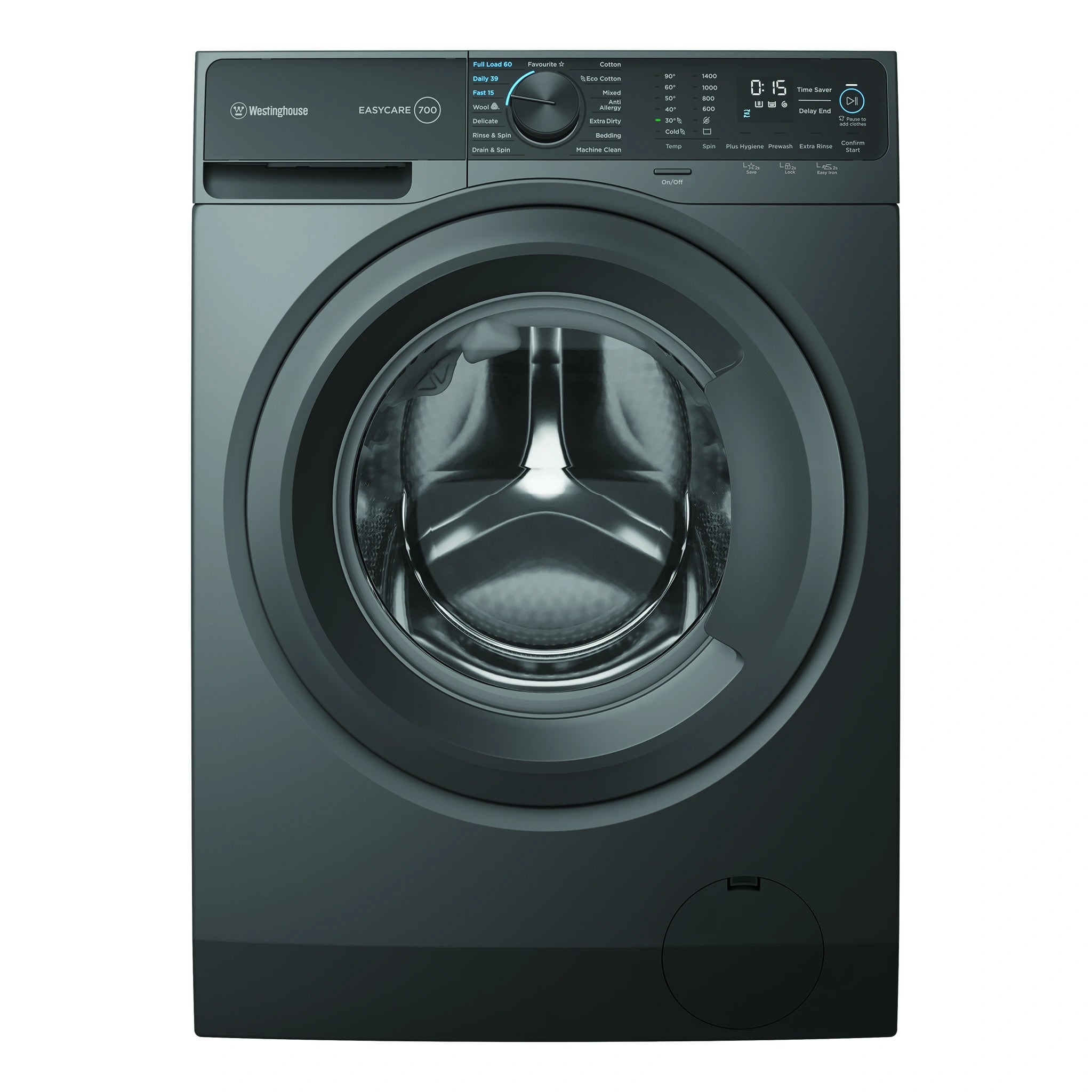 Westinghouse 10kg EasyCare 700 Grey Front Load Washing Machine WWF1044M7SAS, Front View