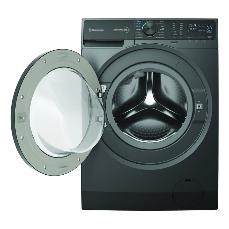 Westinghouse 10kg EasyCare 700 Grey Front Load Washing Machine WWF1044M7SAS, Front View with Door Open