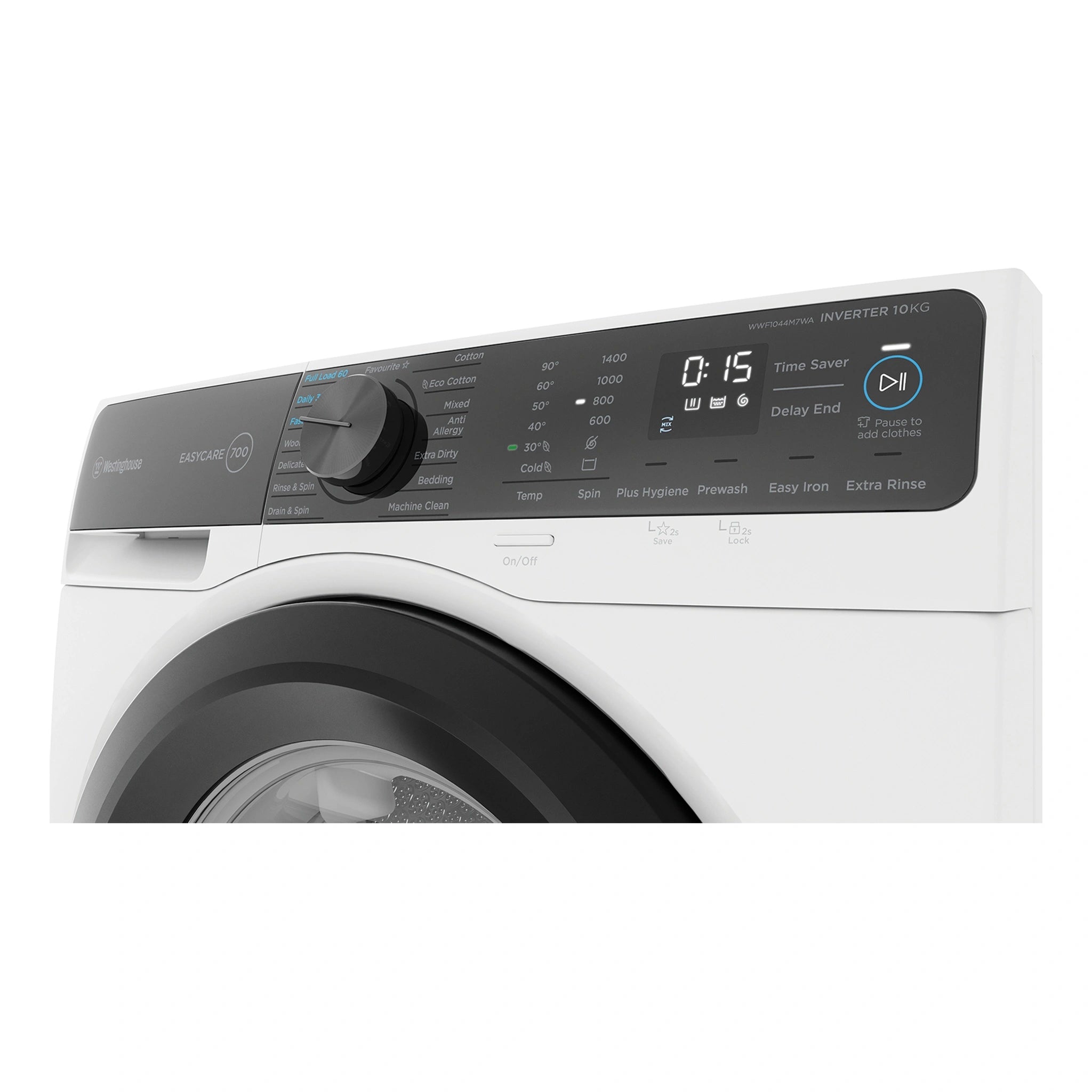 Westinghouse 10kg EasyCare Front Load Washing Machine WWF1044M7WA, Control Panel View