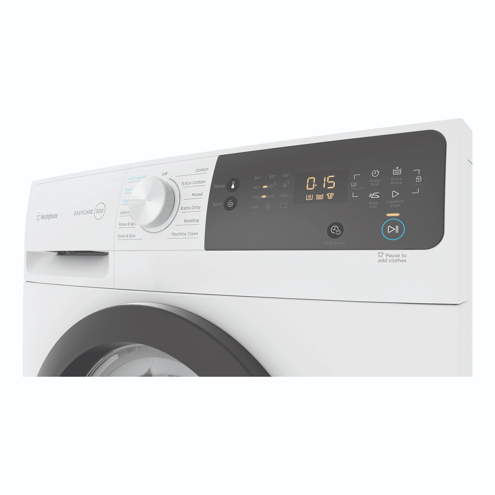 Westinghouse 7.5kg EasyCare 300 White Front Load Washing Machine WWF7524N3WAS, Control Panel View