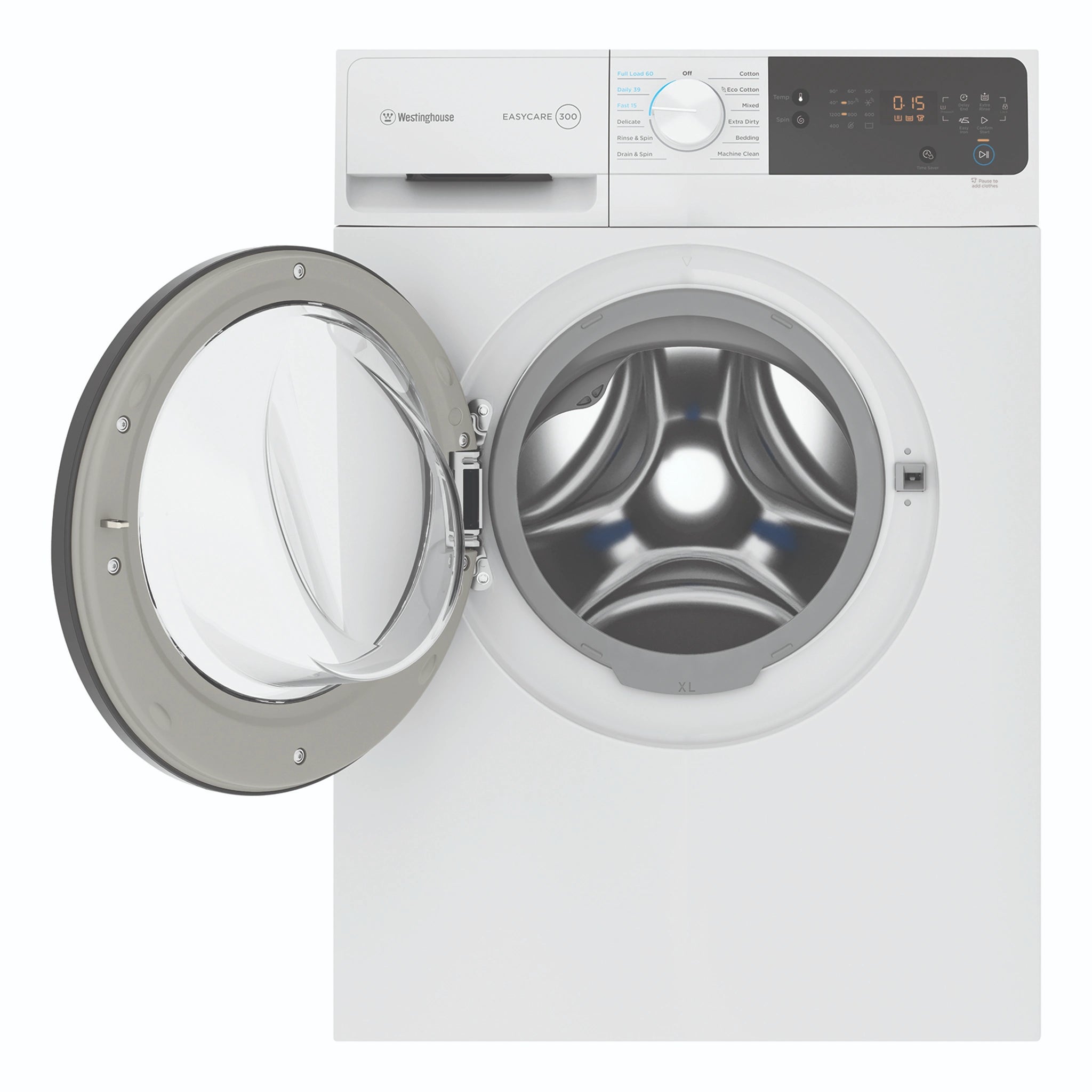 Westinghouse 7.5kg EasyCare 300 White Front Load Washing Machine WWF7524N3WAS, Front View with Door Open