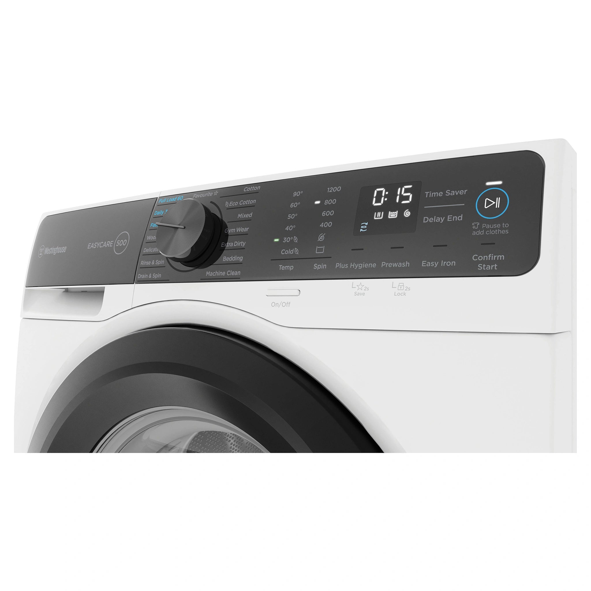 Westinghouse 8kg EasyCare 500 White Front Load Washing Machine WWF8024M5WAS, Control Panel View