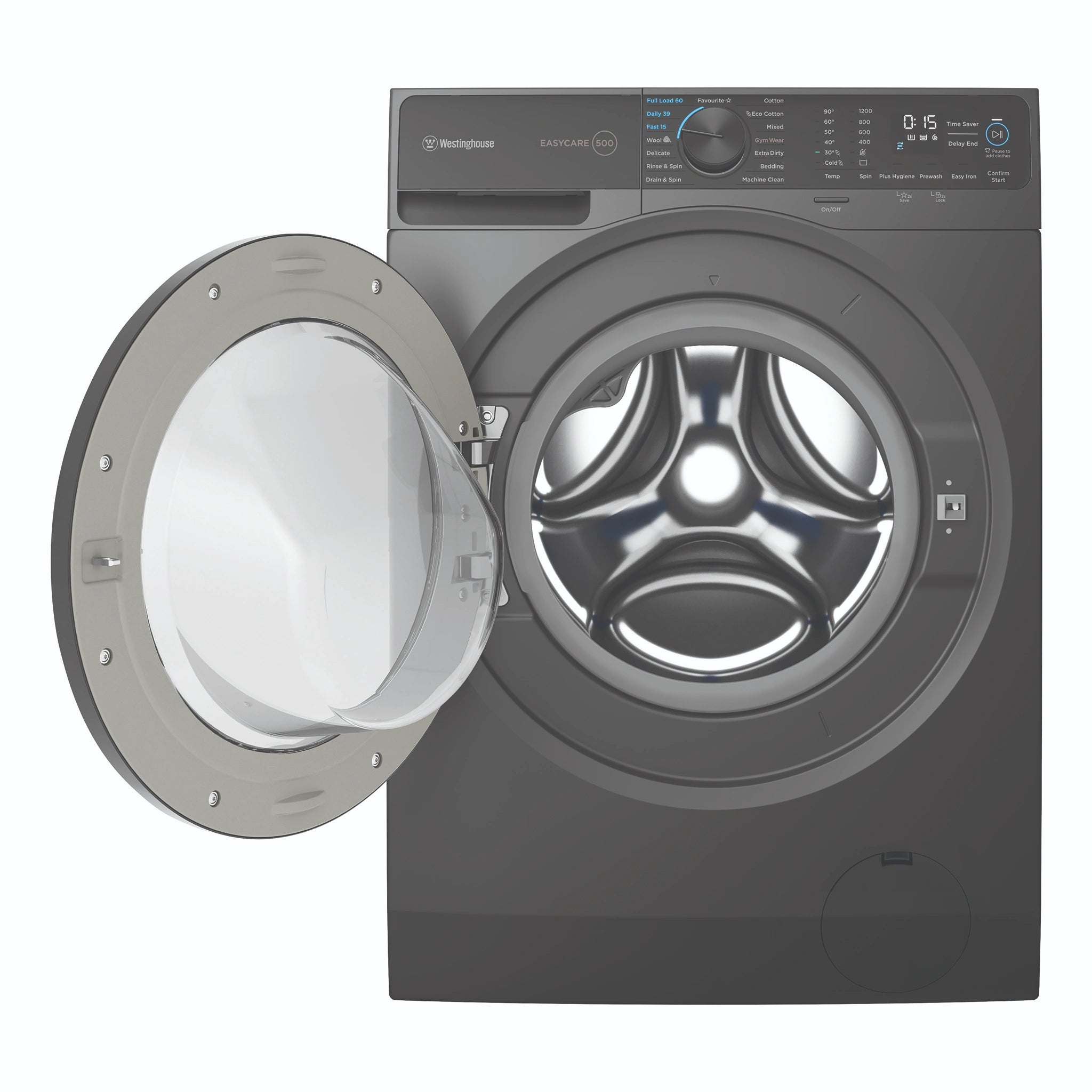 Westinghouse 9kg 500 Series Metallic Grey EasyCare Front Load Washer WWF9024M5SAS, Front View with Door Open