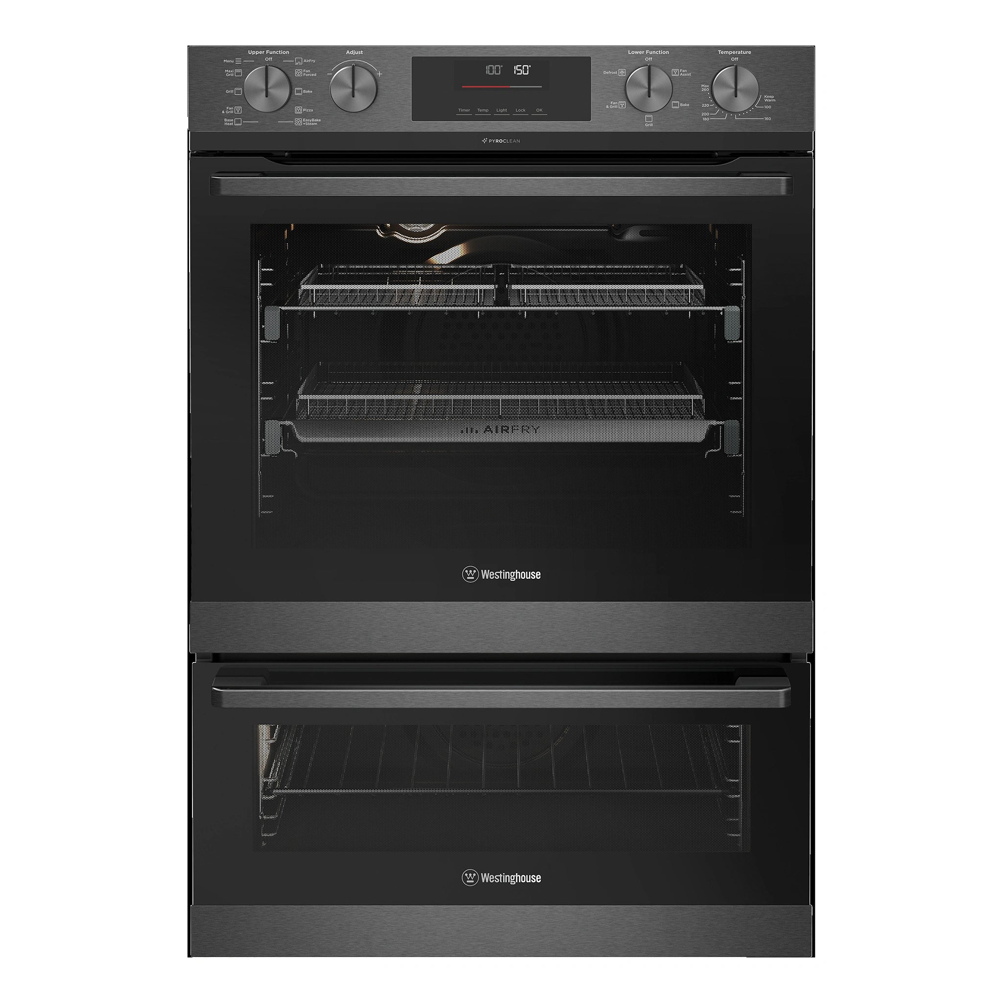 Westinghouse 60cm Multi-Function Pyrolytic Double Oven and Steam Bake Dark Stainless Steel WVEP6727DD, Front View