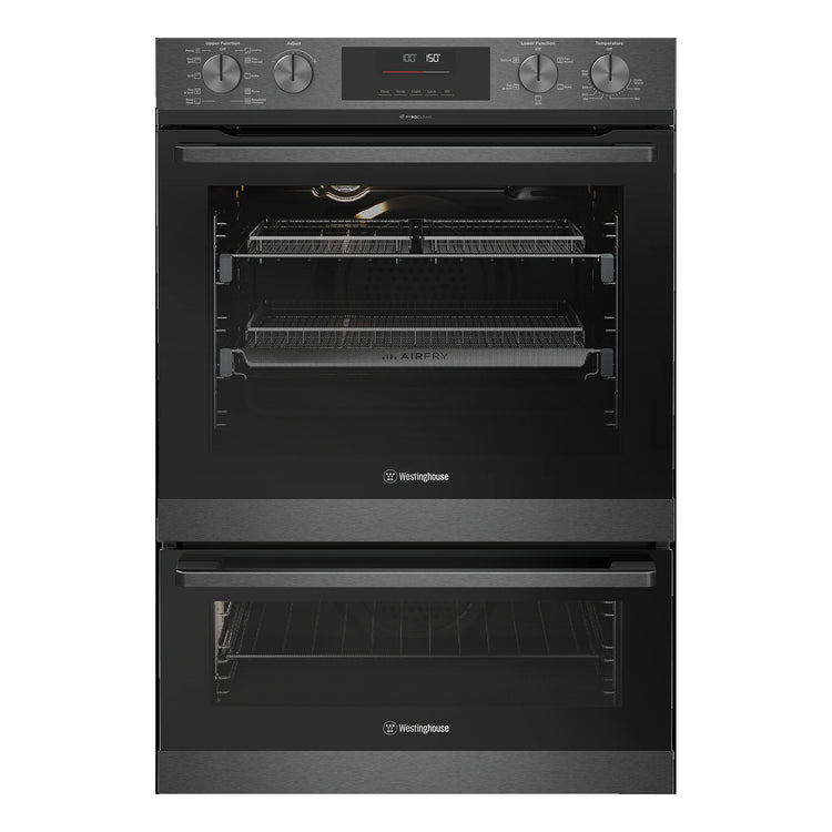 Westinghouse 60cm Multi-Function Pyrolytic Double Oven and Steam Bake Dark Stainless Steel WVEP6727DD, Front View