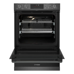 Westinghouse 60cm Multi-Function Pyrolytic Double Oven and Steam Bake Dark Stainless Steel WVEP6727DD, Front View Door Open