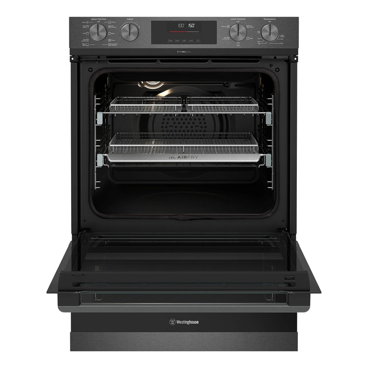 Westinghouse 60cm Multi-Function Pyrolytic Double Oven and Steam Bake Dark Stainless Steel WVEP6727DD, Front View Door Open