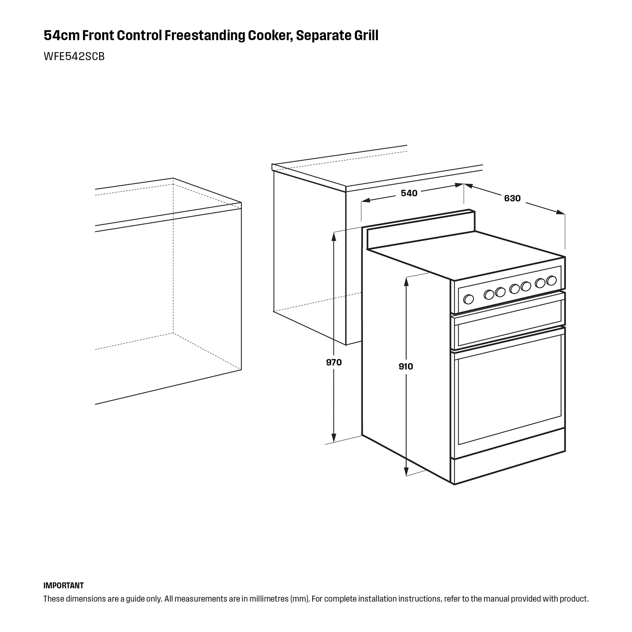 Westinghouse 54cm Freestanding Electric Oven WFE542SCB, Dimensions View