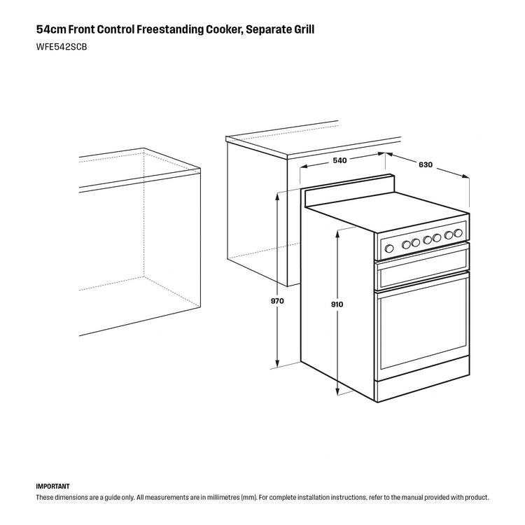 Westinghouse 54cm Freestanding Electric Oven WFE542SCB, Dimensions View