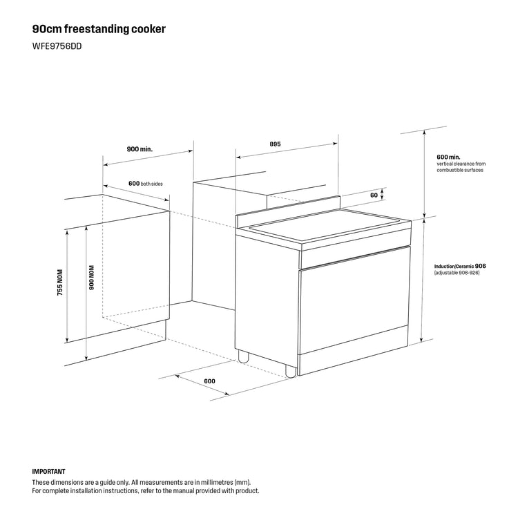 Westinghouse 90cm Electric Freestanding Oven with Induction Cooktop Dark Stainless Steel WFE9756DD, Dimensions View