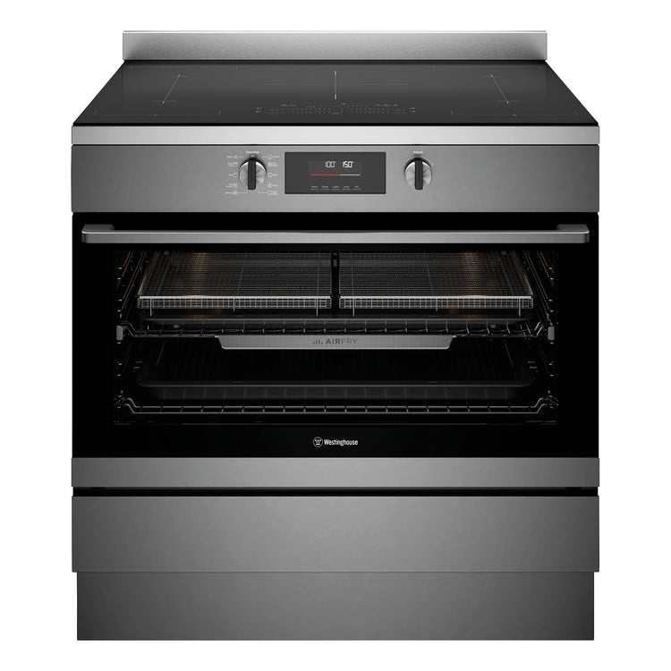 Westinghouse 90cm Electric Freestanding Oven with Induction Cooktop Dark Stainless Steel WFE9756DD, Front View
