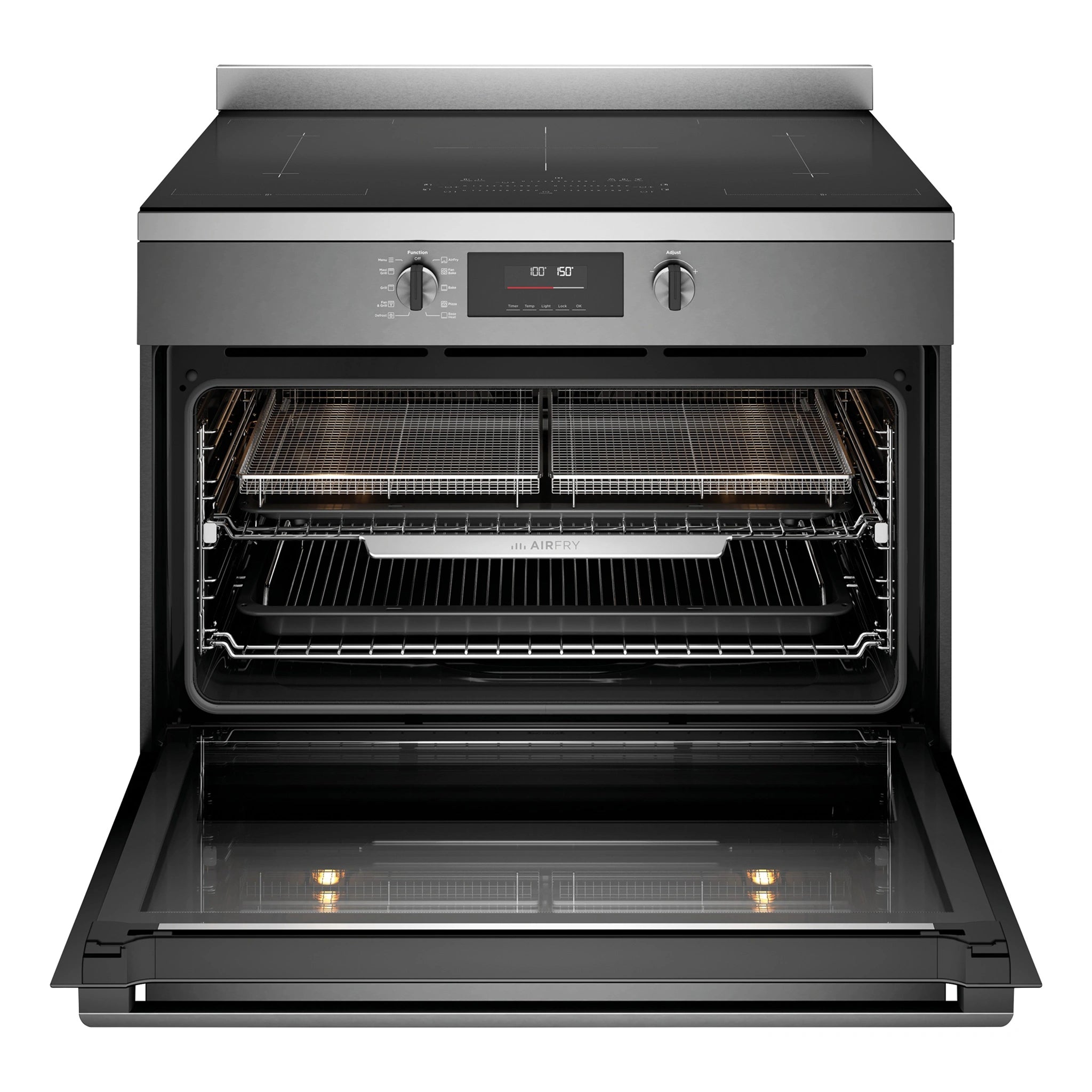 Westinghouse 90cm Electric Freestanding Oven with Induction Cooktop Dark Stainless Steel WFE9756DD, Front View Door Open