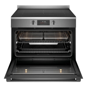 Westinghouse 90cm Electric Freestanding Oven with Induction Cooktop Dark Stainless Steel WFE9756DD, Front View Door Open