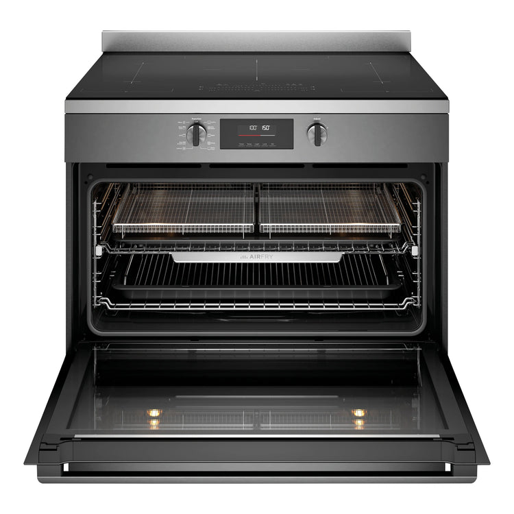 Westinghouse 90cm Electric Freestanding Oven with Induction Cooktop Dark Stainless Steel WFE9756DD, Front View Door Open